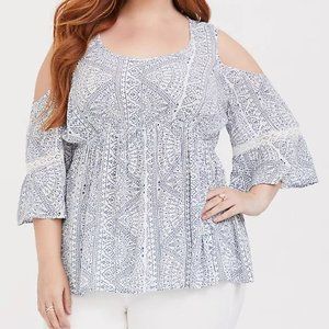 Torrid Gauze Cold Shoulder Top Women's Bell Quarter Sleeve Lace Accent Boho 1X